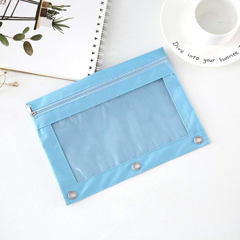 SdeFe Zippered Pen Pencil Binder Pouch 3 Rings with Clear Window for School Classroom Organizers 8 Pcs (Light Blue) - Image 5